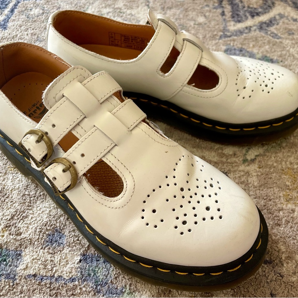 Dr. Martens White Leather Buckle Mary Jane Shoes